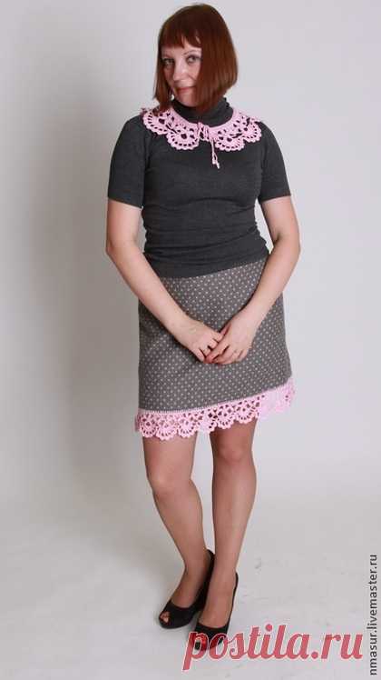 Купить Шерстяная юбочка "Розовые кружева" - серый, в горошек, юбка, юбка до колен, горошек