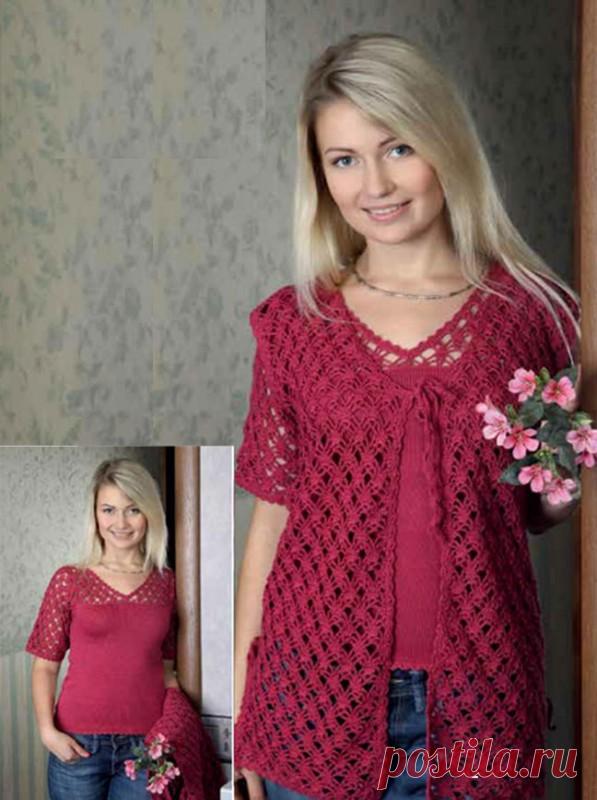 Вяжем женственную двойку спицами: пуловер и жилетка Размер: 38-40. Вам потребуется: 750 г малиновой пряжи (№ 57) Alpina LILY (100% мерсеризованного хлопка, 50 г/175 м), спицы № 2, крючок № 2,5. Лицевая гладь: лиц. р. — лиц. п., изн. р. — изн. п.  Ажурный узор: вязать по схеме.