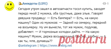 Сегодня утром зашел в автозапчасти тосол купить, заходят передо мной 2 мужика, оба грустные, даже злые. Говорят девушке продавцу: — Есть бампера? — Есть, на какую машину? Один из мужиков: — Задний на семерку, передний на восьмерку. Ну им вынесли, тот же мужик, подумав, добавляет: — И тормозные колодки дайте. — На какую машину? Мужик, держа восьмерочный бампер, злобно: — А как ты, мля, думаешь??
@antelegram | https://www.lifebig.net