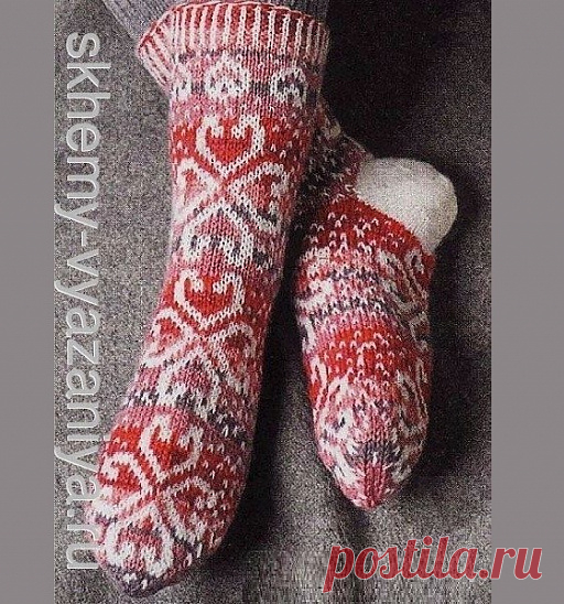 Схема вязания: носки с сердцами из секционной пряжи - схема вязания спицами