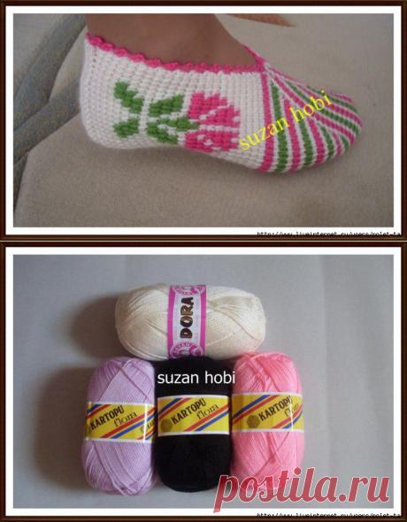 Тапочки-следки крючком.Тунисское вязание.МК.