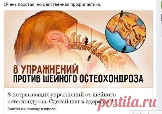 Шейный остеохондроз – весьма опасный недуг, который проявляется болями в спине, частыми мигренями, головокружением, «мушками» в глазах, ухудшением слуха и даже нарушением координации движений. К счастью, все эти симптомы можно предотвратить, если вовремя заняться очень простой и приятной профилактикой. А именно – легкими упражнениями для шейного отдела позвоночника, которые помогут не только предотвратить заболевание и сохранить здоровье, но и повысить работоспособность и концентрацию, улучшить