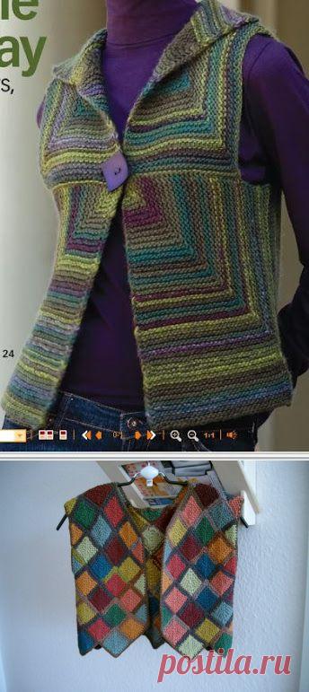 Узор "квадраты по диагонали" спицами из остатков пряжи.