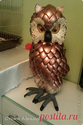 Филин из одноразовых пластиковых ложек Филин из одноразовых пластиковых ложекФилин из одноразовых пластиковых ложек сверху покрыт краской.Такую птичку заиметь на даче большое счастье.