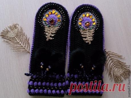 Купить Варежки вязаные" В ожидании" авт.работа 10.01.2016. - серый, цветочный