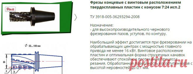 Фрезы концевые с винтовым расположением твердосплавных пластин с конусом 7:24 исп.2