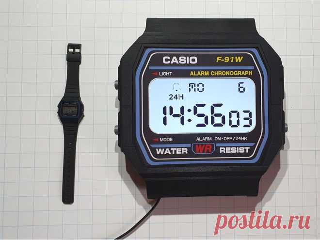 Настенные часы Casio В этой статье мастер-самодельщик расскажет нам, как он сделал реплику часов Casio F-91W большого размера. Эти часы полностью работоспособны имеют дисплей и управляются с помощью Arduino.Давайте посмотрим небольшой видеоролик.Инструменты и материалы:-Дисплей Nextion 7.0
