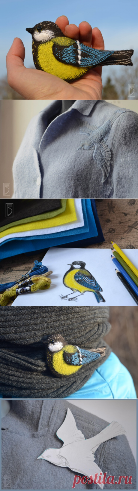 Мастер-класс по объемной вышивке. Синичка и журавль