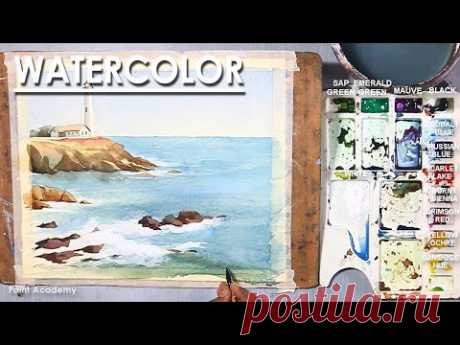 Watercolor Composition : The Light house | Watercolor Seascape Painting