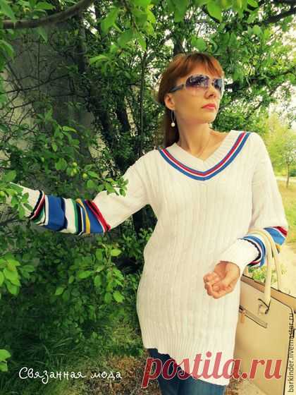 Купить Вязаный пуловер с косами "Крымский круиз" - белый, пуловер женский, женский пуловер