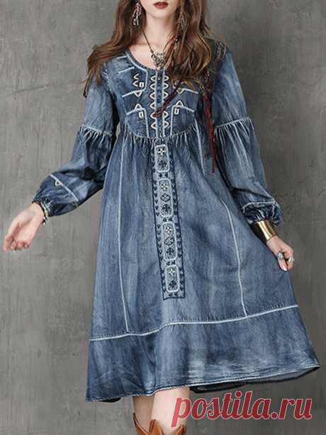 Elegant Embroidery O-neck Long Sleeve Women Denim Dresses Your friend shared a fashion website for you and give you $60 coupons! Claim it now.