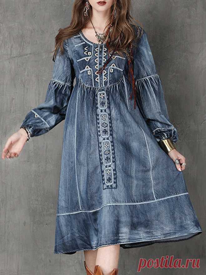 Elegant Embroidery O-neck Long Sleeve Women Denim Dresses Your friend shared a fashion website for you and give you $60 coupons! Claim it now.