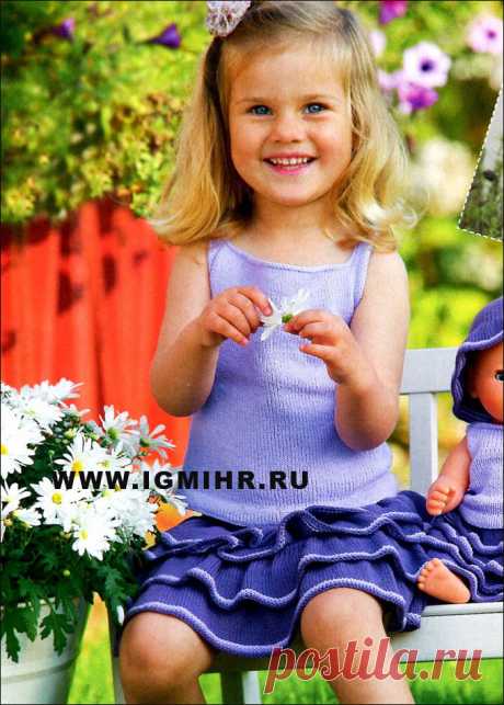 Топ и юбка с оборками в сиренево-фиолетовых тонах для девочки 1-8 лет. Спицы