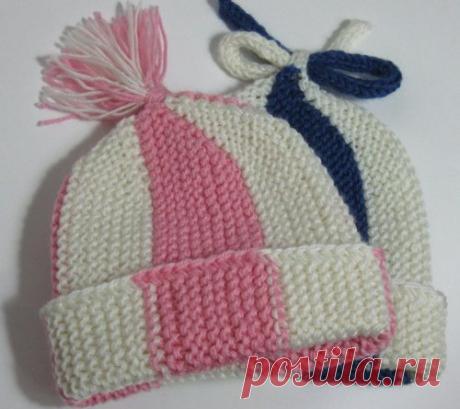 Шапочка с широкими полосами для девочки спицами - описание, схемы+фото