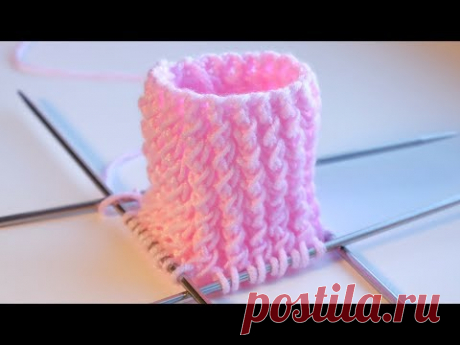 Узоры спицами. Резинка с косыми петлями. Вязание по кругу.