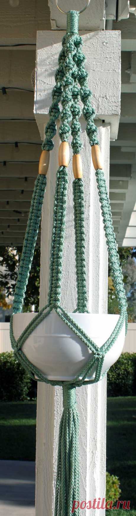 Handmade Blue Green Teal Macrame Plant Hanger Holder with Wood Beads - CLASSIC…