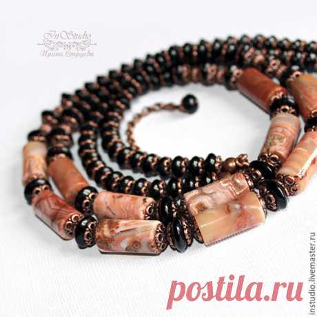 Купить Колье из агата и оникса Дикие сны - натуральные камни, короткое колье, двухрядное колье