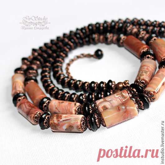 Купить Колье из агата и оникса Дикие сны - натуральные камни, короткое колье, двухрядное колье