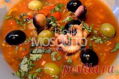 Полусуп «Томатные осьминожки»
- молодые осьминоги (в Ашане пакет 500 гр. стоит рублей 130), легко можно заменить креветками, другими морегадами или рыбой;
- пара стеблей сельдерея;
- два-три зубчика чеснока;
- половина крупного болгарского перца;
- несколько веточек базилика;
- несколько веточек петрушки или кинзы;
- томатный сок, граммов 500;
- ложка оливкового масла;
- соль, перец;
- несколько маслин и оливок для украшения.