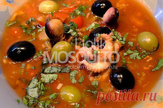 Полусуп «Томатные осьминожки»
- молодые осьминоги (в Ашане пакет 500 гр. стоит рублей 130), легко можно заменить креветками, другими морегадами или рыбой;
- пара стеблей сельдерея;
- два-три зубчика чеснока;
- половина крупного болгарского перца;
- несколько веточек базилика;
- несколько веточек петрушки или кинзы;
- томатный сок, граммов 500;
- ложка оливкового масла;
- соль, перец;
- несколько маслин и оливок для украшения.