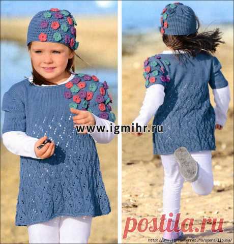 Синее  и шапочка с цветочками для девочки 3-8 лет, от Verena. Спицы и Крючок.
