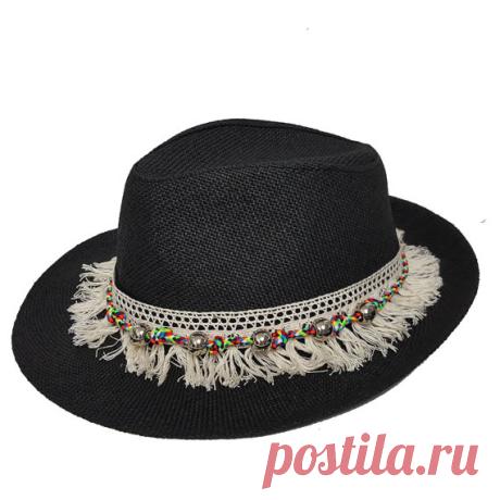 Panama Black Hat with Fringes Tassels Element Black by Craftasy