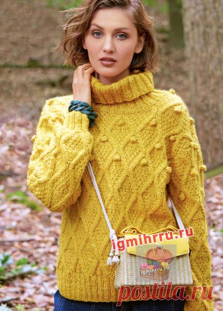 Желтый свитер с узором из ромбов. Вязание спицами со схемами и описанием