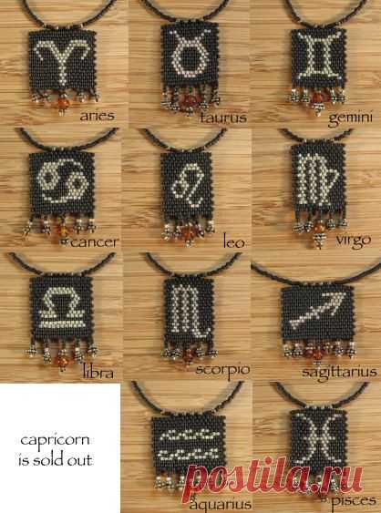 (8) Peyote Zodiac Necklace with Amber and Sterling Silver...Choose your Sign