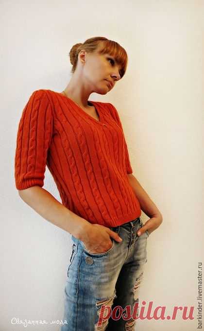 Купить Вязаный кашемировый пуловер с косами "Рыжая" - рыжий, пуловер женский, женский пуловер
