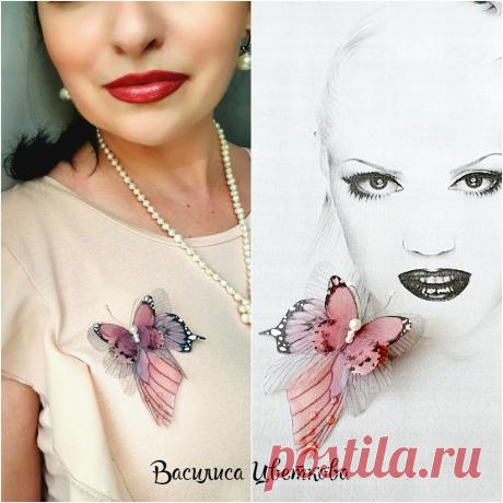Бабочки из шелка, шифона, органзы. Брошь бабочка