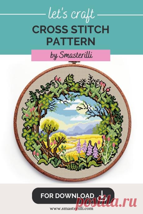 Flower wreath with summer landscape inside cross stitch pattern for Instant download, green plants embroidery design, green trees scene ornament