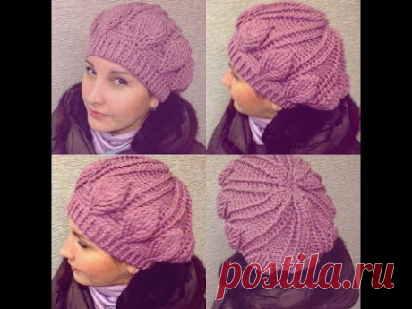Нежная шапка-берет крючком рельефными столбиками узор листочки crochet cap