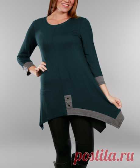 Simply Aster Peacock Teal Contrast-Accent Sidetail Tunic - Plus | zulily