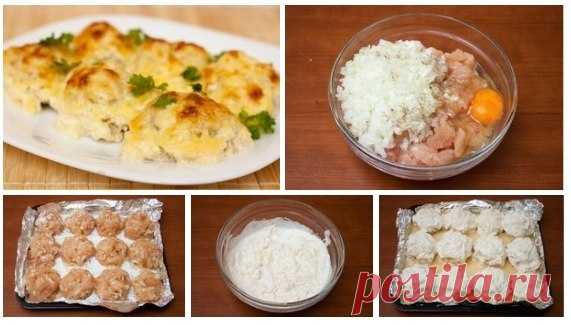 Куриные шарики в сырно-сливочном соусе 

Ингредиенты: 
-450-500 г куриной грудки 
-2 небольших луковицы 
-100 г сыра 
-200 мл сливок 
-3 зубчика чеснока 
-соль перец 

Приготовление: 
Курицу немного отбить, нарезать на мелкие кусочки. 
Лук мелко нарезать. 
К курице добавить лук, яйцо, посолить, поперчить, хорошо перемешать. 
Форму для выпекания смазать сливками. Курицу выкладывать на форму с помощью столовой ложки, формируя шарики. При необходимости использовать для формир...