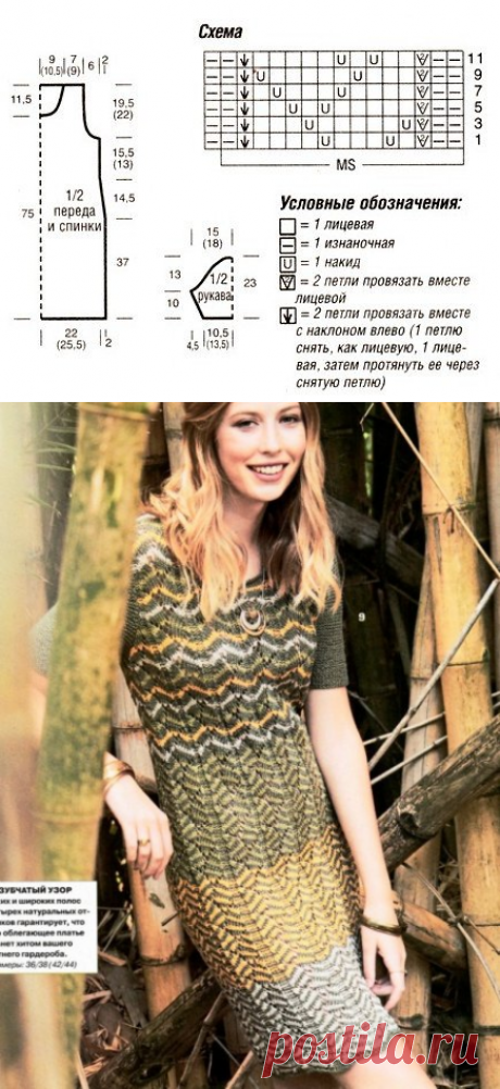 Платье спицами с узором разноцветных полосок