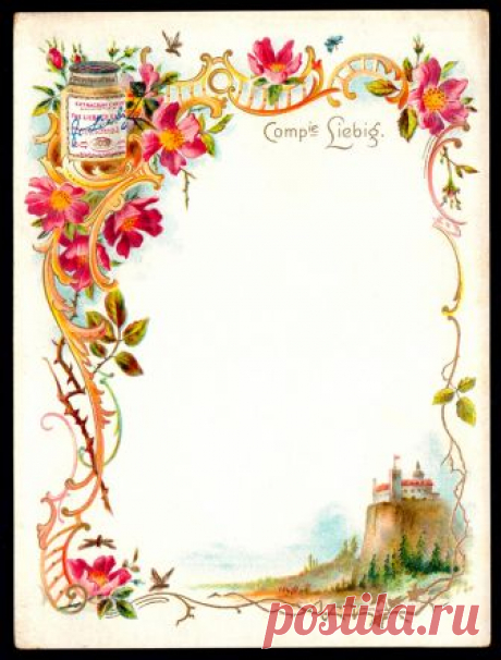 Liebig Tradecard T15 - Table Card, 1898 Liebig's Beef Extract "Floral Framework With Landscapes" - table card, French issue, 1898