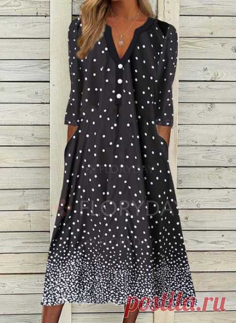 Polka Dot Tunic V-Neckline Midi A-line Dress - Floryday