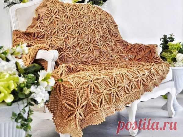 Потрясающий уютный плед с объемными 3D цветами крючком .