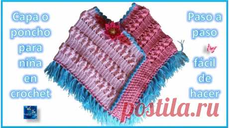 CAPA O PONCHO PARA NIÑA en crochet 1de 2 Capa o poncho para niña de 4 a 5 años paso a paso Materiales 70 a 80 gramos de hilo rosa claro 60 a 70 gramos de hilo rosa fuerte 40 gramos de hilo azul turq...