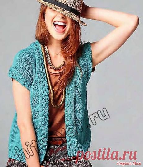 Летний жакет с отделкой узором косы. Спицы. Вам потребуется: 8 (9, 10, 11, 13) мотков бирюзовой пряжи Phildar Phil Thalassa, состоящей из 75 % хлопка, 25 % лиоселла, длиной нити 81 метр в 50 граммах; спицы № 3,5 и № 4; вспомогательная спица.