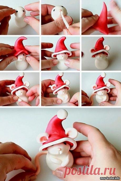 Для классной поделки мышонка вам понадобится полимерная глина 3-х цветов (белый, черный и красный).