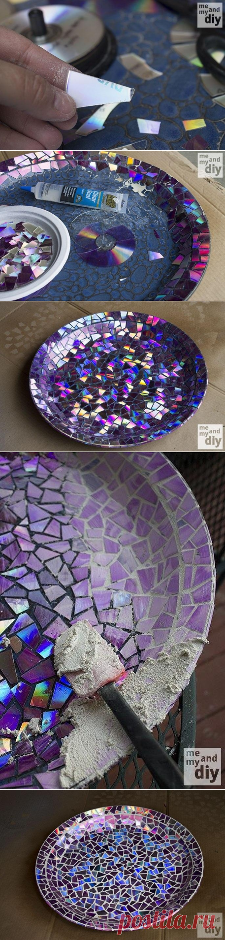 Декор Садовой вазы с помощью мозаики из старых CD-дисков