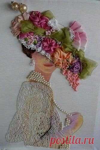 вышивка лентами и обработка жемчужными  бусинками