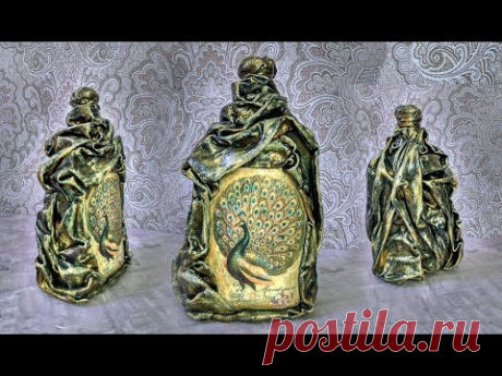 Бутылка, декорированная тканью. Декупаж