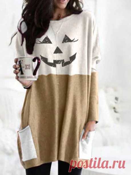 Women Halloween Contrast Patchwork Print Casual Mid-Length Sweatshirts With Pock - US$14.99