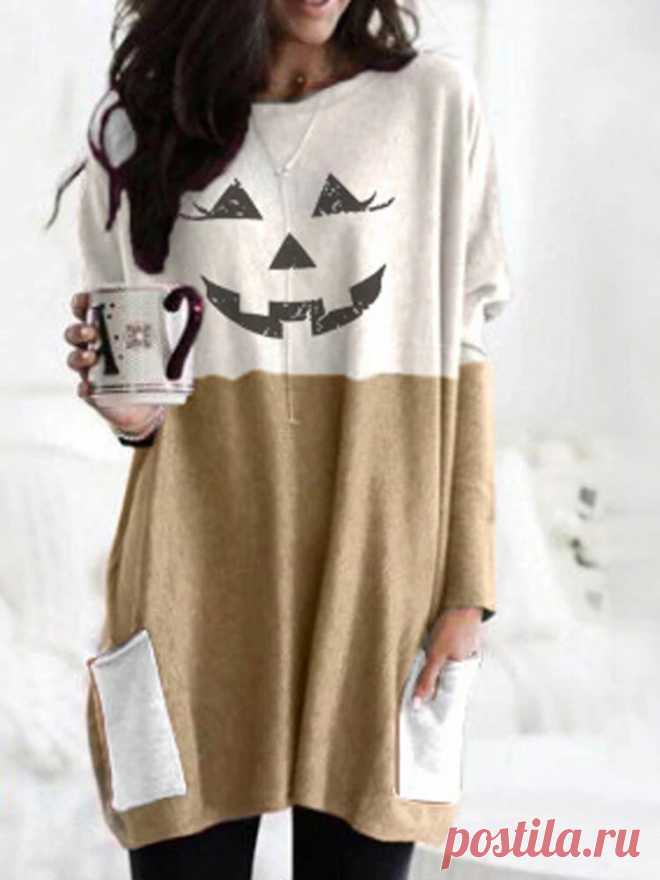 Women Halloween Contrast Patchwork Print Casual Mid-Length Sweatshirts With Pock - US$14.99
