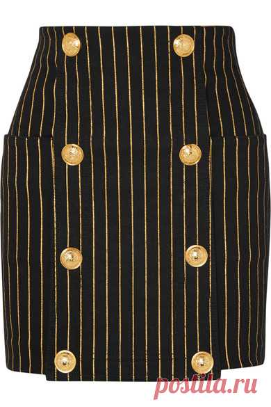 Balmain | Button-embellished striped denim mini skirt | NET-A-PORTER.COM