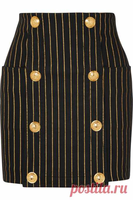 Balmain | Button-embellished striped denim mini skirt | NET-A-PORTER.COM