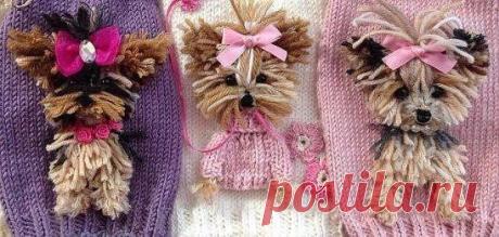 Аппликация из пряжи “Собачка йорк”
Маленькие пушистые собачки любимы многими. В этом мастер-классе мы сделаем йоркширского терьера из ниток. Такой собачкой можно украсить одежду, например, носить как брошь или пришить в качестве аппликации.

Для изготовления йоркширского терьера нам понадобятся:
Пряжа песочного, серого, белого и синего цвета;
Ножницы;
Спицы;
Иголка;
Ленточка атласная;
Искусственные глазки и носик;
Клей.
Нарезаем очень много пряжи песочного цвета длиной при...