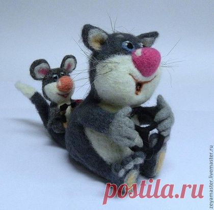 Купить Эх прокачу! - серый, кот, котенок, кошка, мышка, игра, автомобиль, автомобилист, войлок